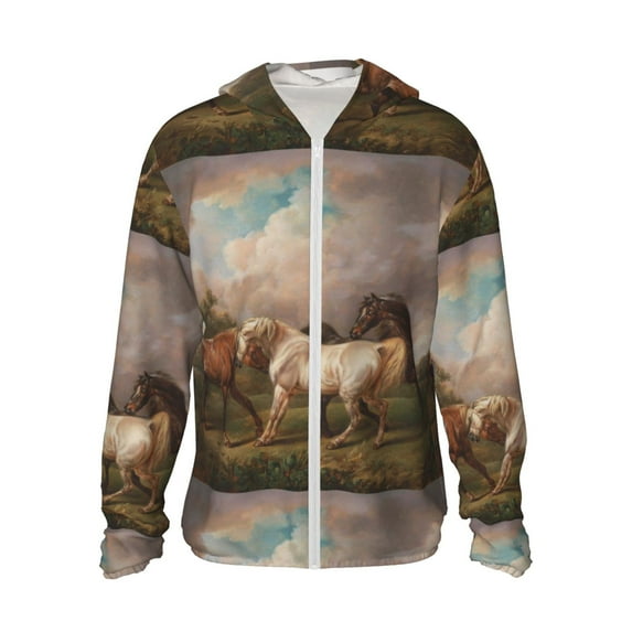Daiia Three Horses Oil Painting UPF 50+ Sun Protection Hoodie Jacket Lightweight Long Sleeve Sun Shirt for Women Men with Pocket Hiking Outdoor-Small