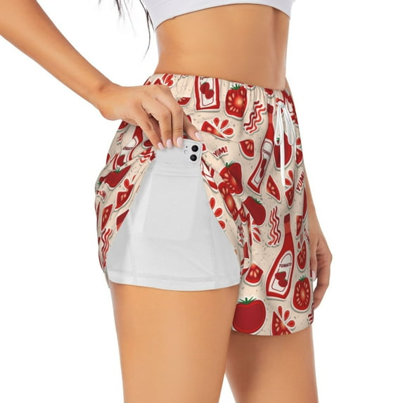Daiia Tomatoes Pattern Women's 2 in 1 Running Shorts - Lightweight Athletic Workout Gym Yoga Shorts Liner with Phone Pockets-X-Large
