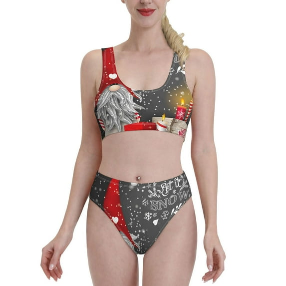 Daiia Traditional Scandinavian Dwarf printed 2 piece Swimsuit Bikinis for Women High Waisted Racerback Bathing Suits Summer Tummy Control Scoop Neck Swimwear-Medium