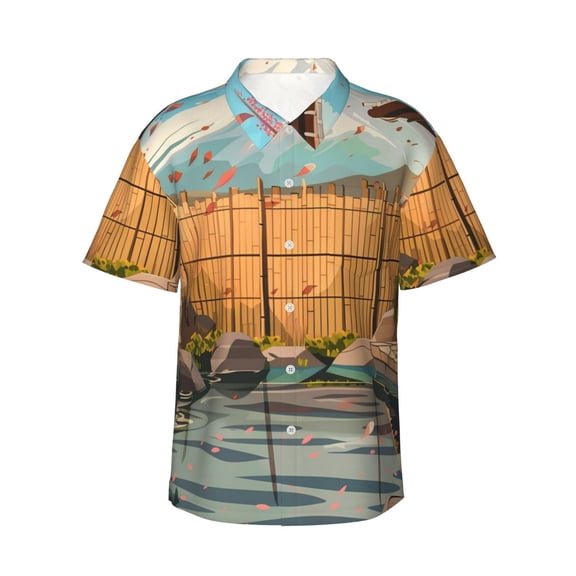 Daiia Tranquil Garden Landscape Hawaiian Shirt for Men Gentle Cotton Regular Short Sleeve Casual-Medium
