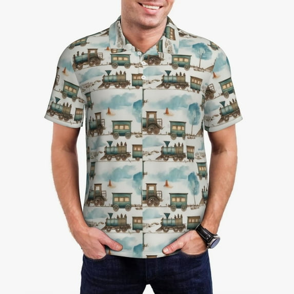 Daiia Transport Train Pattern Men’s Polo Shirts,Solid Deck Shirt,Classic Fit, Breathable Cotton Polo for Casual and Sport Wear-Small