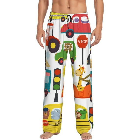 Daiia Transports with Animals Men's Sleep Pant with Pockets and Drawstring,Pajama Pants-Medium