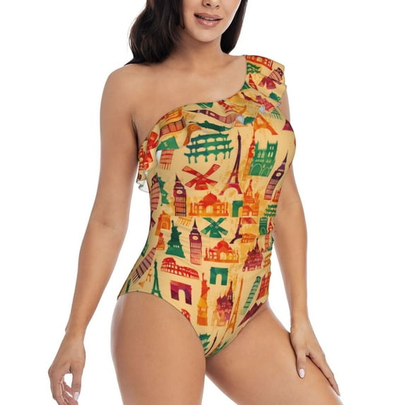 Daiia Travel And Tourism Women's One Piece Swimsuits Personalized One Shoulder Swimwear Asymmetric Ruffle Bathing Suits-Medium
