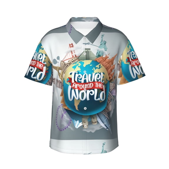 Daiia Travel Around The World Hawaiian Shirt for Men Gentle Cotton Regular Short Sleeve Casual-3X-Large