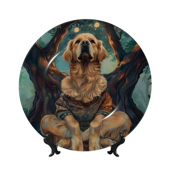 Daiia Tree Meditating Golden Retriever Printed Pattern Ceramic Plate Dinner Plates Bone China Decorative Plates with Display Stand Art Ceramic Ornaments for Wall Hanging Decoration-10in