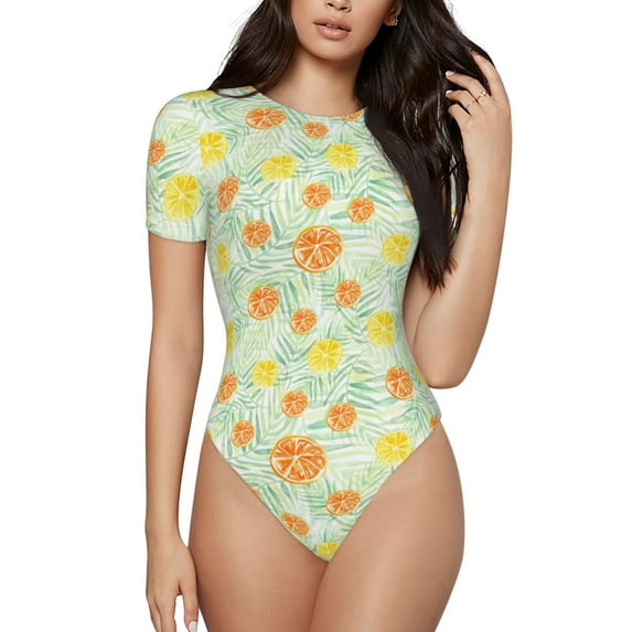 Daiia Tree Palms Lemon print Women's Crew Neck Short Sleeve Bodysuit Fashion Tops Fit Casual Basic Extender Bodysuit-X-Large