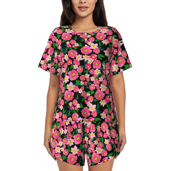 Daiia Trendy Floral Pattern Womens Pajama Sets Short Sleeve Pajamas for Women Sets Soft Lounge Sets Casual Round Neck Sleepwear PJS-Large