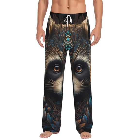 Daiia Tribal Style Raccoon Men's Sleep Pant with Pockets and Drawstring,Pajama Pants-Large