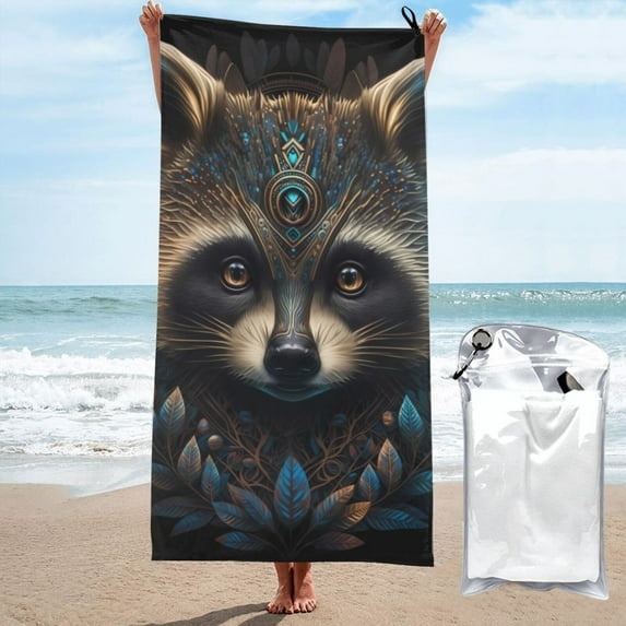Daiia Tribal Style Raccoon Pattern Quick Dry Towel, Super Absorbent Travel Towel with Hanging Loop & Carabiner, Lightweight Compact Fast-Drying Microfiber Towel-31.5"x63"