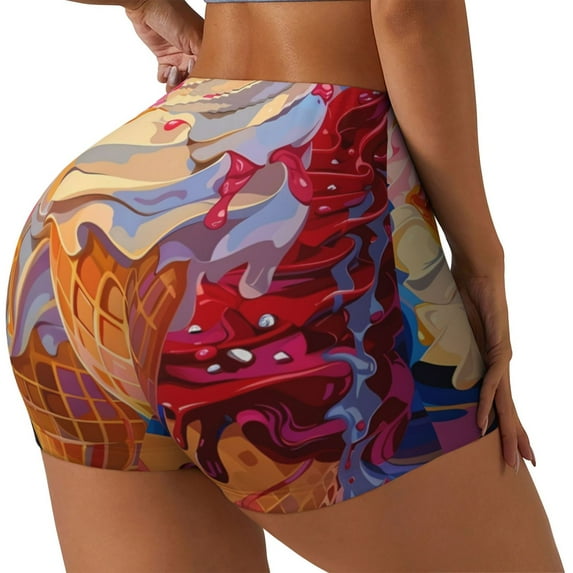 Daiia Trio Of Dripping Cones Pattern Women's Workout Shorts Biker Shorts - High Waisted Workout Spandex Tummy Control Gym Running Yoga Shorts-X-Large