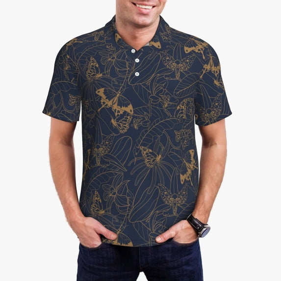 Daiia Tropical Butterfly Pattern Men’s Polo Shirts,Solid Deck Shirt,Classic Fit, Breathable Cotton Polo for Casual and Sport Wear-Medium