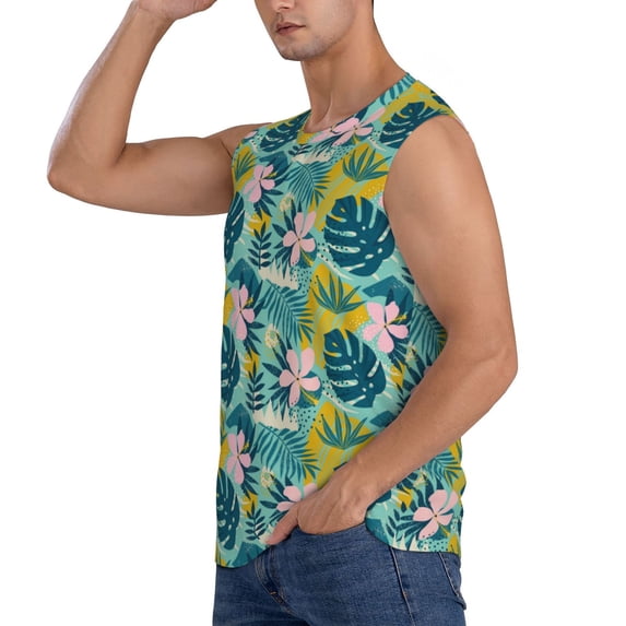 Daiia Tropical Floral Printed Men's Tank Tops,Casual Soft Sleeveless Gym Muscle Shirts Bodybuilding Tee-Small