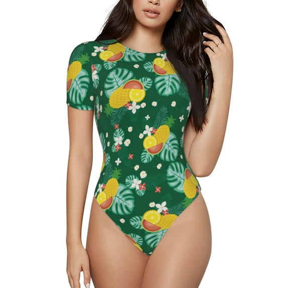Daiia Tropical Fruit print Women's Crew Neck Short Sleeve Bodysuit Fashion Tops Fit Casual Basic Extender Bodysuit-Large