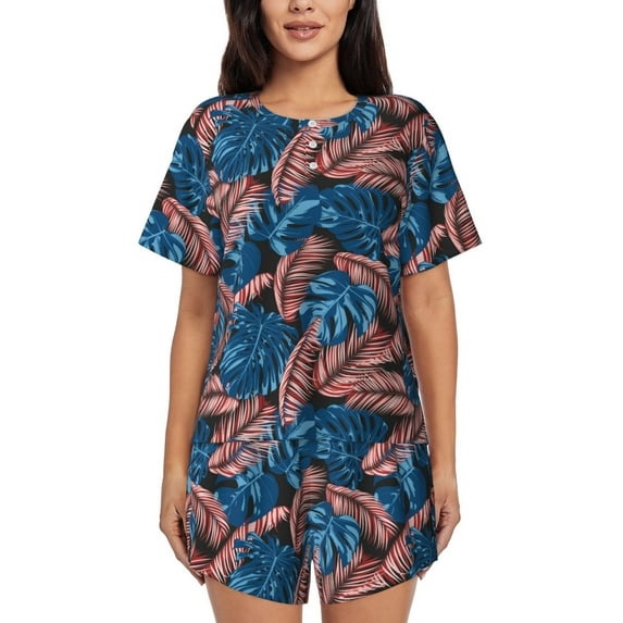 Daiia Tropical Leaves Pattern Womens Pajama Sets Short Sleeve Pajamas for Women Sets Soft Lounge Sets Casual Round Neck Sleepwear PJS-Medium