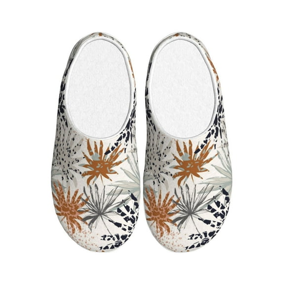 Daiia Tropical Leaves Print Women’s Fuzzy Slippers Memory Foam Lightweight House Shoes Cozy Loafer Flannel House Shoes-46/47