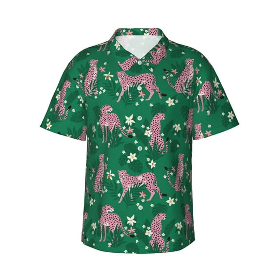 Daiia Tropical Leopard Hawaiian Shirt for Men Gentle Cotton Regular Short Sleeve Casual-Medium