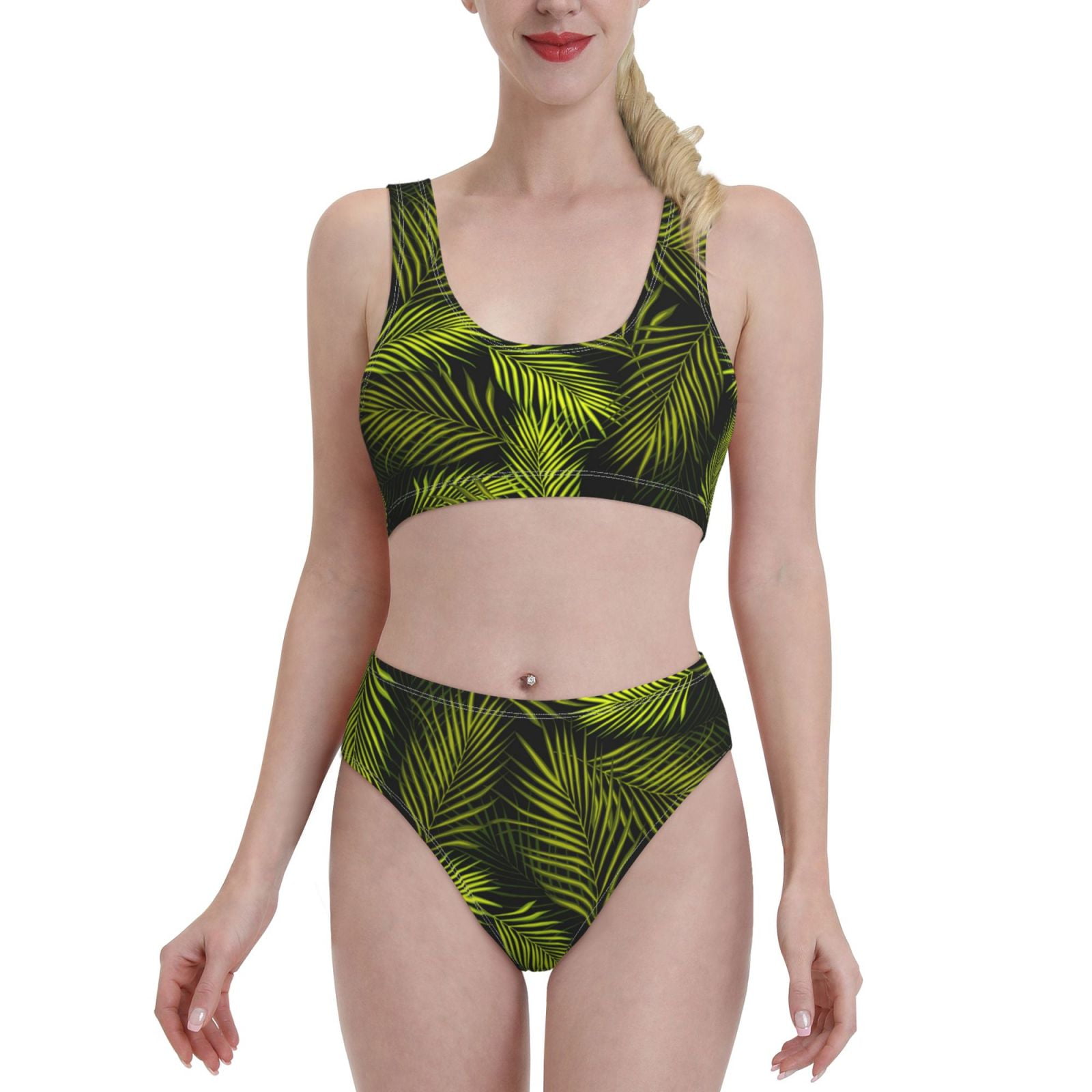 Daiia Tropical Palm Leaves Fern Leaf Women S Bikini Swimsuit Two Piece Swimsuit High Waisted Slim Fit High Leg Spaghetti Straps Bathing Suit Small