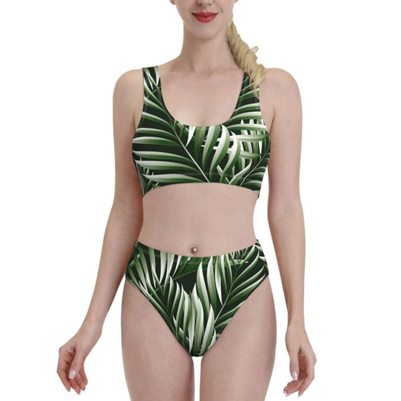 Daiia Tropical Palm Leaves1 printed 2 piece Swimsuit Bikinis for Women High Waisted Racerback Bathing Suits Summer Tummy Control Scoop Neck Swimwear-Small