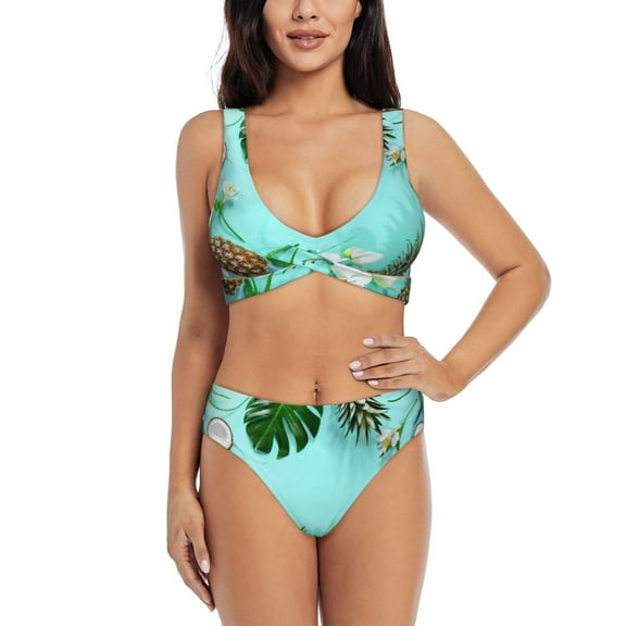 Daiia Tropical Pineapple Women's Bikini Set Two Piece Swimsuit High Waisted Bikini Adjustable Straps Bikini Perfect for Beach, Pool, and Summer Vacation-Small