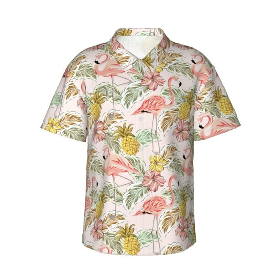 Daiia Tropical Pink Flamingo Pineapple Hawaiian Shirt for Men Gentle Cotton Regular Short Sleeve Casual-3X-Large
