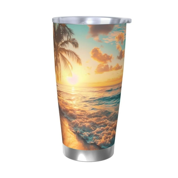 Daiia Tropical Sunset Beach Scene Printed 20oz Insulated Coffee Cup with Straw Topper, Fully Spill Proof Travel Coffee Mug, Stainless Steel Tumbler for Work Home Outdoor Car-Without Straw