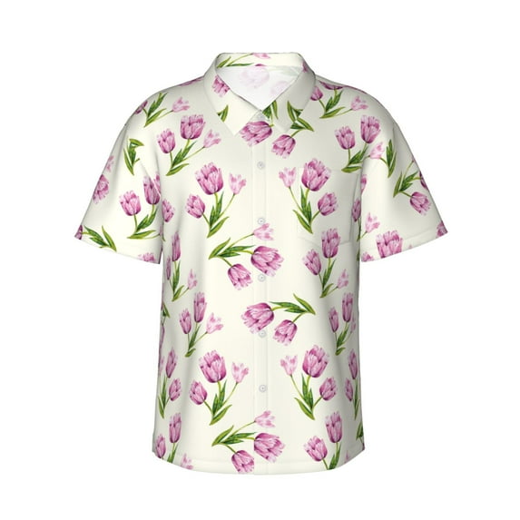 Daiia Tulips Flowers Hawaiian Shirt for Men Gentle Cotton Regular Short Sleeve Casual-XX-Large