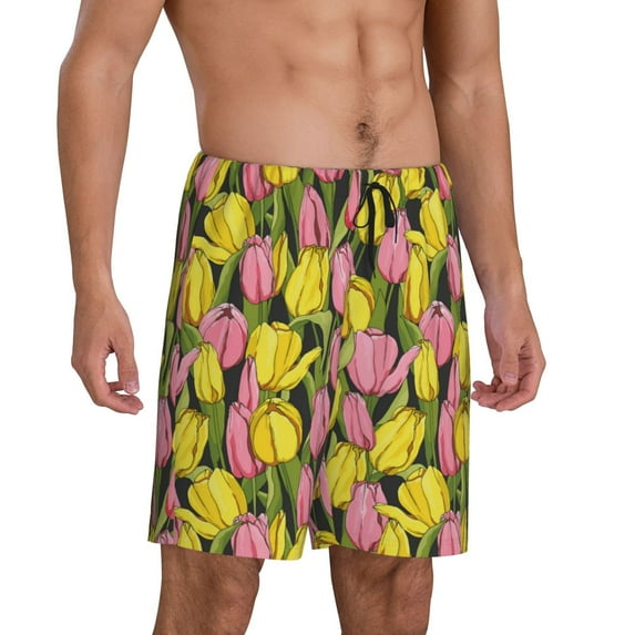 Daiia Tulips Flowers Mens Woven Stretch Pajama Short,Short Pajama Pants-Medium