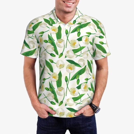 Daiia Tulips Flowers Pattern Men’s Polo Shirts,Solid Deck Shirt,Classic Fit, Breathable Cotton Polo for Casual and Sport Wear-XX-Large