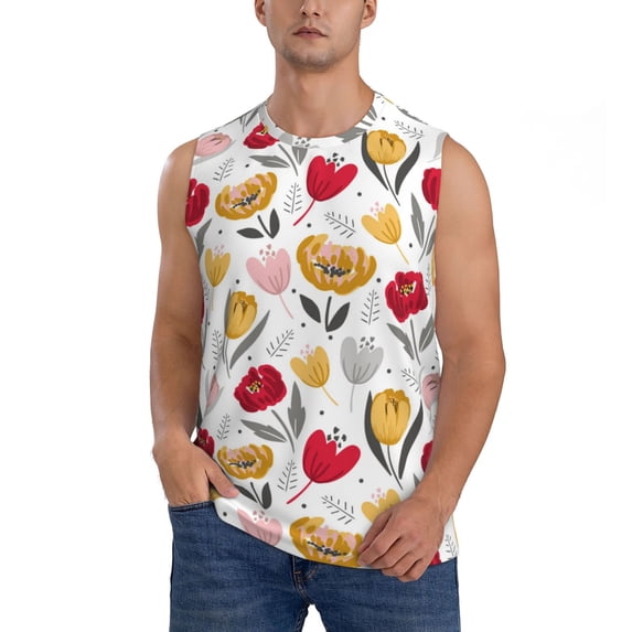 Daiia Tulips Flowers Printed Men's Tank Tops,Casual Soft Sleeveless Gym Muscle Shirts Bodybuilding Tee-Medium