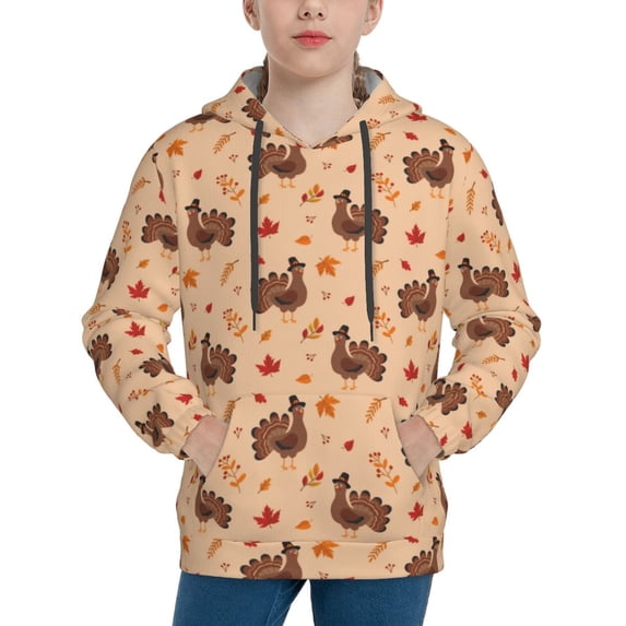 Daiia Turkey And Autumn Leaves for Boys Fashion Hoodies & Sweatshirts with Kangaroo Pocket,Hooded Sweatshirt for Kid, Breathable& Moisture Wicking-X-Large