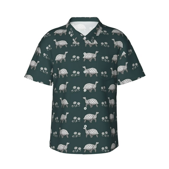 Daiia Turtle Chrysanthemum Hawaiian Shirt for Men Gentle Cotton Regular Short Sleeve Casual-Large