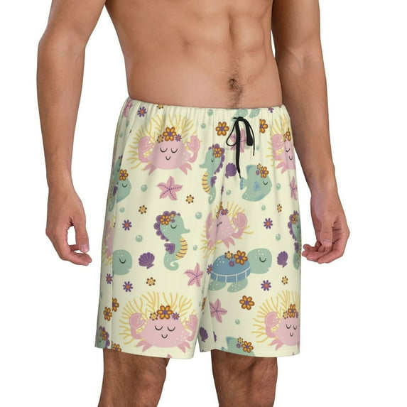 Daiia Turtle Crab Sea Horse Mens Woven Stretch Pajama Short,Short Pajama Pants-X-Large