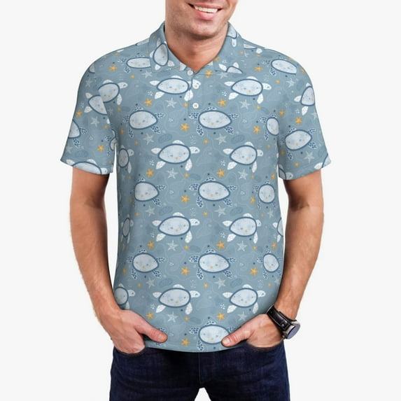 Daiia Turtle Pattern Men’s Polo Shirts,Solid Deck Shirt,Classic Fit, Breathable Cotton Polo for Casual and Sport Wear-Large