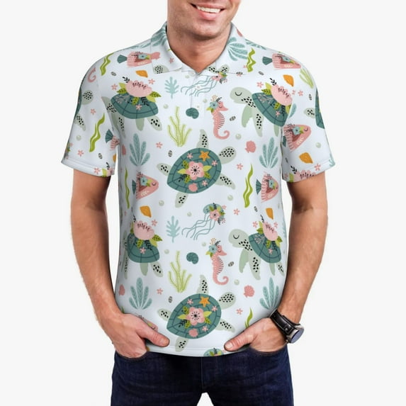 Daiia Turtle and Sea Life Pattern Men’s Polo Shirts,Solid Deck Shirt,Classic Fit, Breathable Cotton Polo for Casual and Sport Wear-Medium