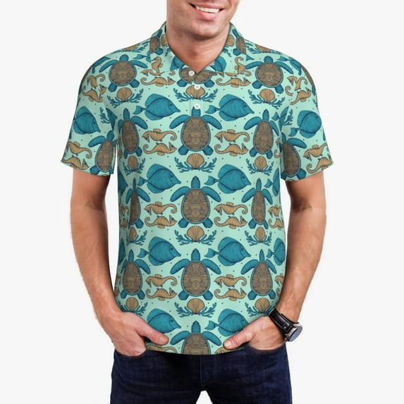 Daiia Turtles And Seahorses Pattern Men’s Polo Shirts,Solid Deck Shirt,Classic Fit, Breathable Cotton Polo for Casual and Sport Wear-4X-Large