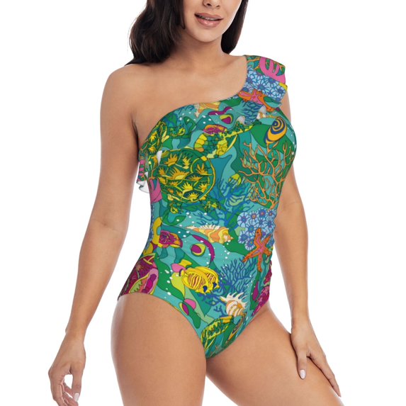 Daiia Turtles Women's One Piece Swimsuits Personalized One Shoulder Swimwear Asymmetric Ruffle Bathing Suits-X-Large