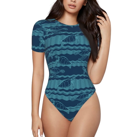 Daiia Turtles and Waves print Women's Crew Neck Short Sleeve Bodysuit Fashion Tops Fit Casual Basic Extender Bodysuit-XX-Large