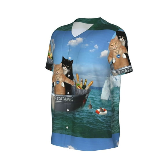 Daiia Two Brave Cats Are Floating On The Sea Iceberg Mens Baseball Jersey Button Down Shirts Short Sleeve Sports Uniforms-4X-Large