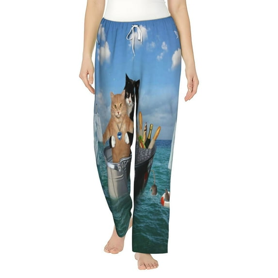 Daiia Two Brave Cats Are Floating On The Sea Iceberg Women's Sleep Pant with Pockets and Drawstring,Pajama Pants-X-Large
