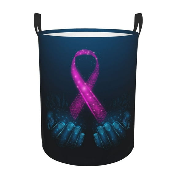 Daiia Two Human Hands are Holds Pink Ribbon Awareness Round Laundry Basket with Handles Thickened Waterproof Circular hamper,Dirty Clothes Storage Basket for Bedroom,Bathroom,College Dorm-Small