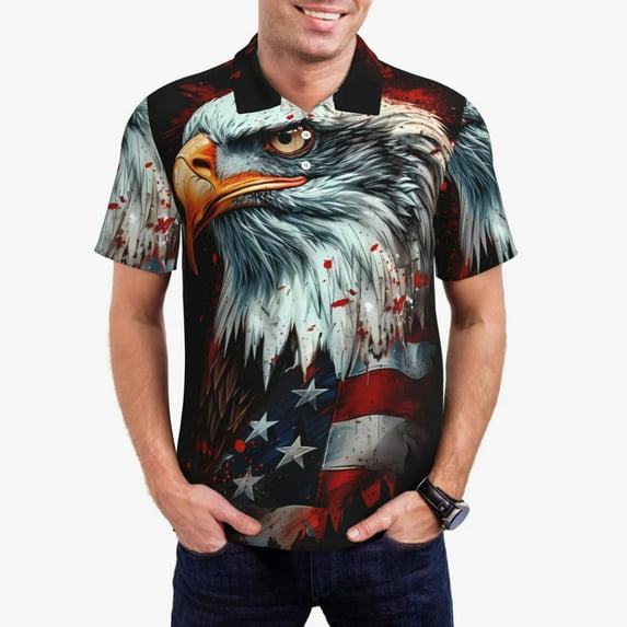 Daiia USA Bald Eagle Pattern Men’s Polo Shirts,Solid Deck Shirt,Classic Fit, Breathable Cotton Polo for Casual and Sport Wear-4X-Large