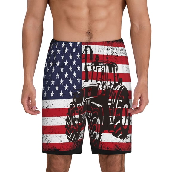 Daiia USA Vintage Flag Tractor Pattern Mens Woven Stretch Pajama Short,Short Pajama Pants-X-Large