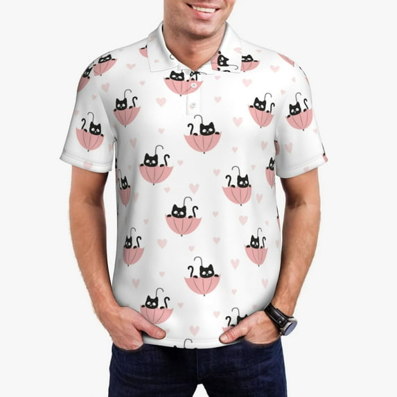 Daiia Umbrella Cat Pattern Men’s Polo Shirts,Solid Deck Shirt,Classic Fit, Breathable Cotton Polo for Casual and Sport Wear-4X-Large