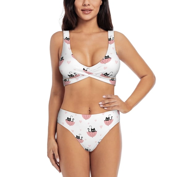Daiia Umbrella Cat Women's Bikini Set Two Piece Swimsuit High Waisted Bikini Adjustable Straps Bikini Perfect for Beach, Pool, and Summer Vacation-Small