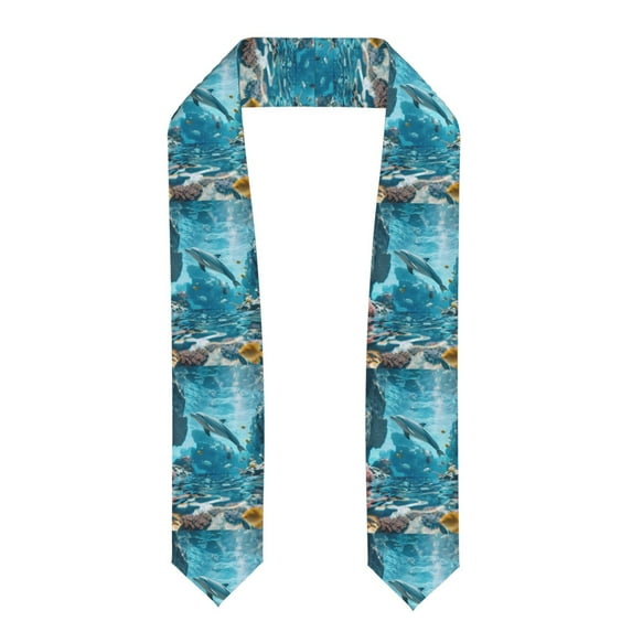 Daiia Underwater Dolphin Scene Pattern Graduation Shawl Stole – Satin Graduation Stole Academic Stole Non-Slip Design-Flattened