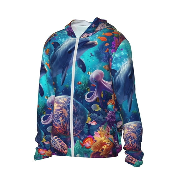 Daiia Underwater Turtle Dolphin Octopus UPF 50+ Sun Protection Hoodie Jacket Lightweight Long Sleeve Sun Shirt for Women Men with Pocket Hiking Outdoor-XX-Large