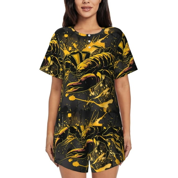 Daiia Urban Graffiti Scorpion Illustration Pattern Womens Pajama Sets Short Sleeve Pajamas for Women Sets Soft Lounge Sets Casual Round Neck Sleepwear PJS-Large