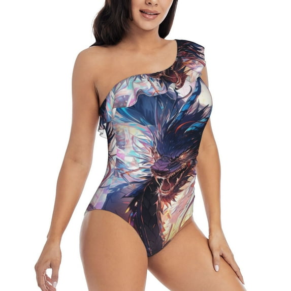 Daiia Urban Style Colorful Dragon Women's One Piece Swimsuits Personalized One Shoulder Swimwear Asymmetric Ruffle Bathing Suits-X-Large