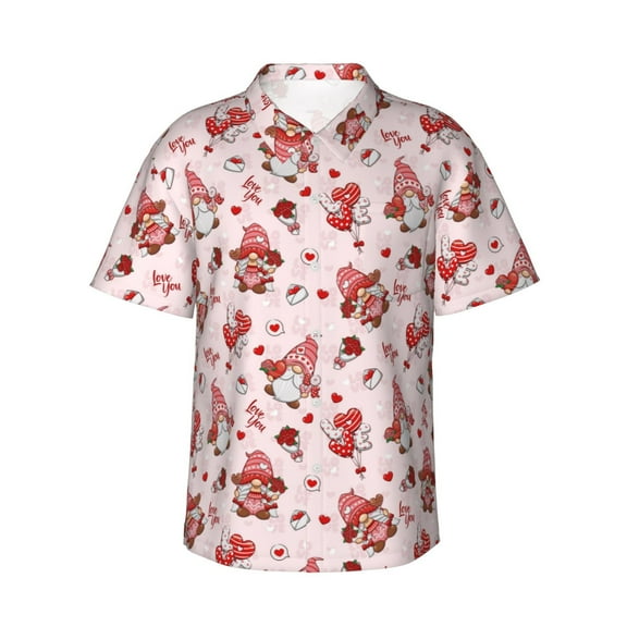 Daiia Valentine's Day gnome Print Hawaiian Shirt for Men Gentle Cotton Regular Short Sleeve Casual,3X-Large
