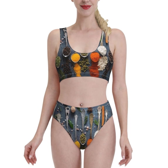 Daiia Various Herbs And Spices In Spoons printed 2 piece Swimsuit Bikinis for Women High Waisted Racerback Bathing Suits Summer Tummy Control Scoop Neck Swimwear-Small